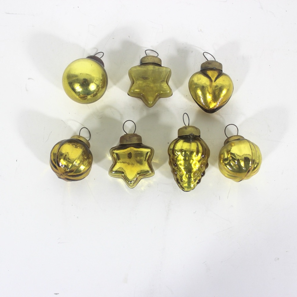 Vintage Small Gold Glass Christmas Ornaments Lot of 7
